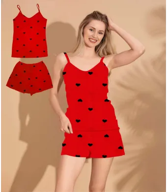 Pijama Damă, Maiou și Short, Imprimeu Inimi, Culoare Rosu, Engros