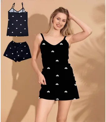 Pijama Damă, Maiou și Short, Imprimeu Inimi,Culoare Negru, Engros