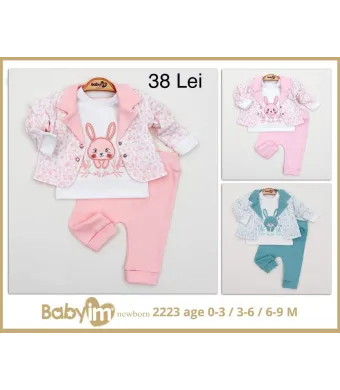 Compleu Engros pentru bebelusi, 3 piese, cu model imprimat (ROZ)