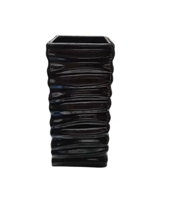 Vază Ceramică Decorativă 19 cm, Model Dreptunghiular Texturat, Alb, Negru, En-gros