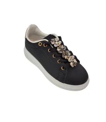 Tenesi casual Dama, Accesoriu Siret Cristale, Talpa inalta, Usori, Engross, Marimi 36-41, 8buc/bax, Negru