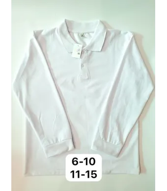 Tricou polo alb cu mânecă lungă pentru băieți, uniformă școlară,  de la 6-15 ani – material bumbac, guler cu nasturi (6, 7, 8, 9, 10 ani)