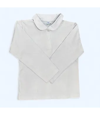 Tricou polo alb cu mânecă lungă pentru fetiță, uniformă școlară,  de la 6-15 ani – material bumbac, guler rotund cu nasturi (6, 7, 8, 9, 10 ani)