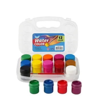 Acuarele la Borcan 4cm pe Bază de Apă 12/set cu Pensulă, în Cutie 18x14cm cu Mâner Transparentă Engros
