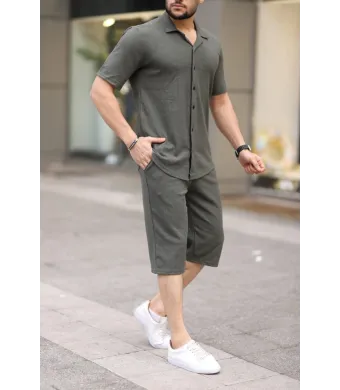 Compleu Engros pentru barbati, 2 piese, uni, camasa + pantaloni scurti