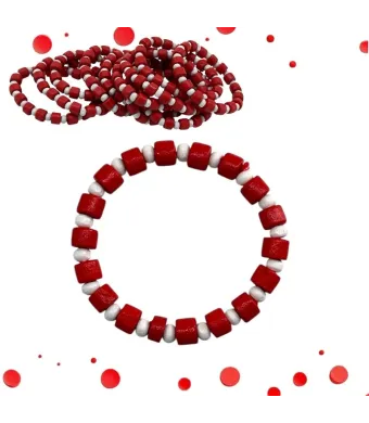 Brățară din mărgele de lemn alb-roșu pe elastic – 17 cm, set 12 buc. en-gros, potrivită pentru mărțișor