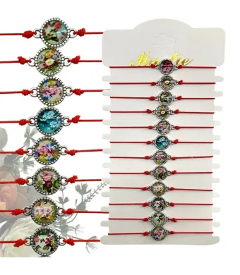 Brățări roșii en-gros – Pandantiv cu flori – set de 12 brățări și închidere reglabilă