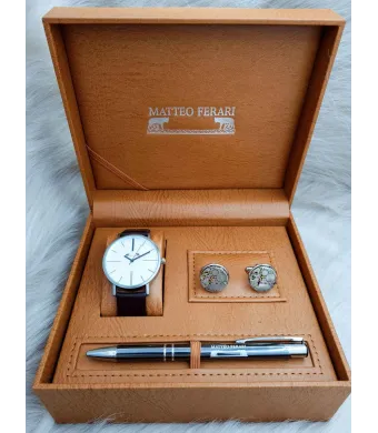 Set cadou pentru barbati Matteo Ferari, ceas, butoni, pix metalic MF025B110G - Engross