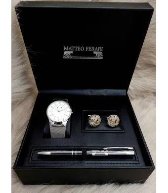 Set cadou pentru barbati Matteo Ferari, ceas, butoni, pix metalic MF065B110G - Engross
