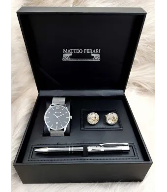 Set cadou pentru barbati Matteo Ferari, ceas, butoni, pix metalic MF067B110G - Engross