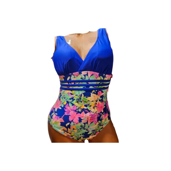 Costum de baie intreg cu imprimeu, Sutien cu burete, Slip normal, Engross, Marimi 46-54, 5buc/serie, Albastru